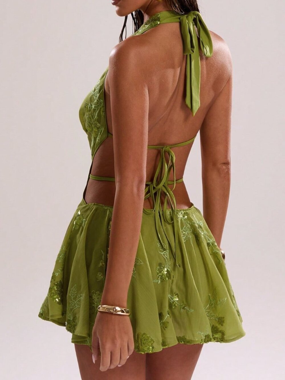 Green Sexy Women's Floral Sequin Plunging Draped Neck Mini Dress - Picture 2 of 7